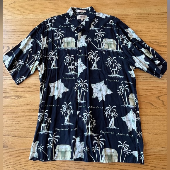 Vtg Campia Moda Hawaiian Camp Shirt Black Tropic Palm Trees Surfboard Tiki Hut L - Picture 2 of 6